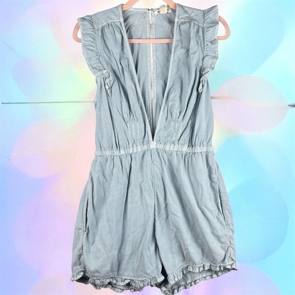 Billabong Light Blue Denim Romper with Ruffled Sleeves and V-Neckline Large